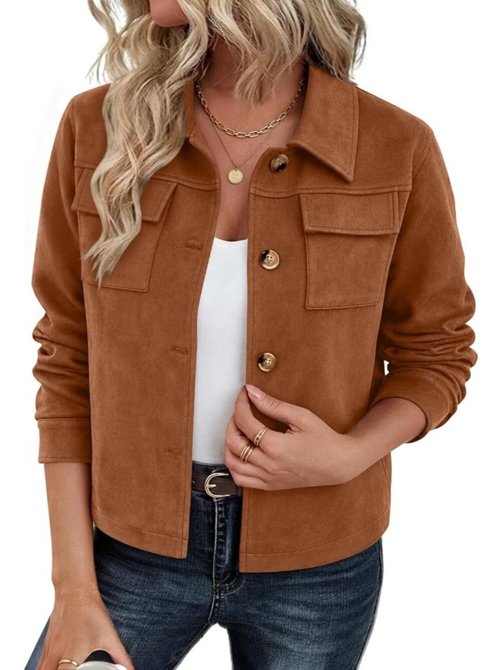 Women Light Brown Long Sleeve Faux Suede Cropped Shacket Button Down Fall Jacket